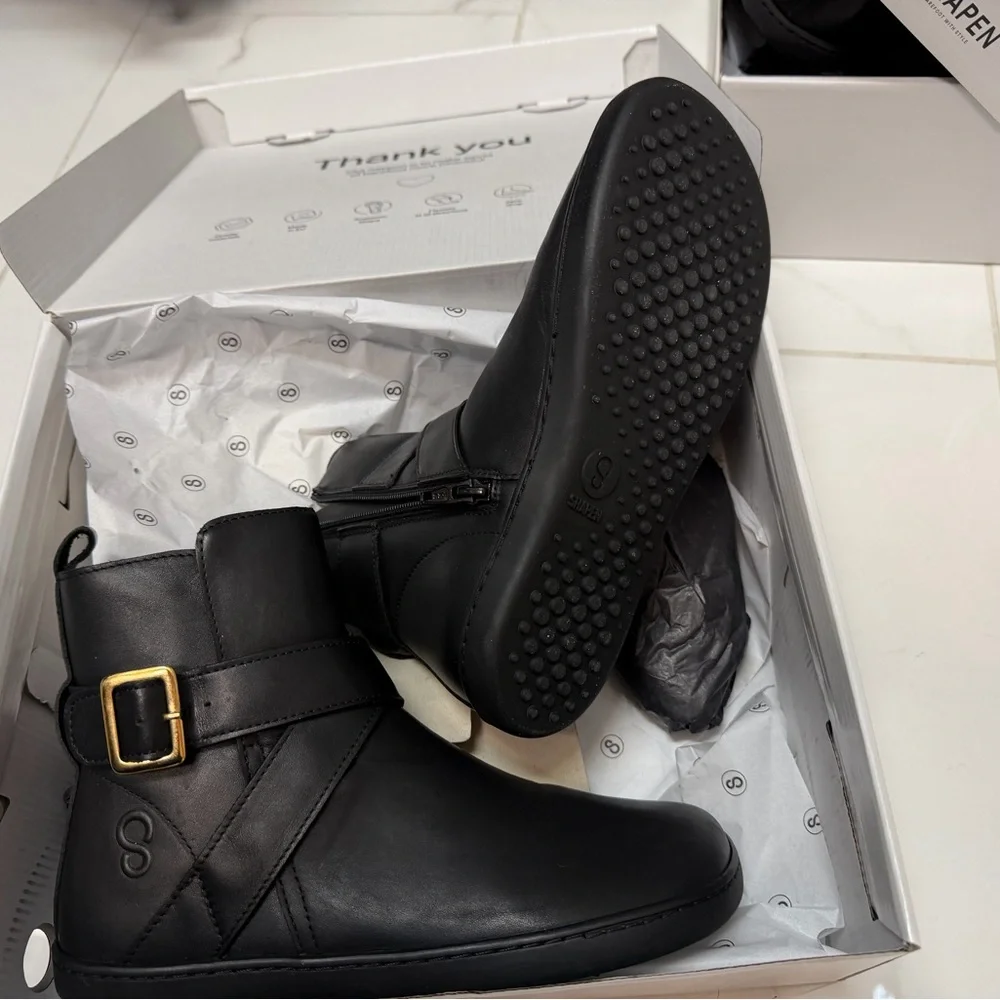 Shapen Barefoot Black Ankle Boots with Gold Buckle - wide and extra wide fit - Picture 5 of 10